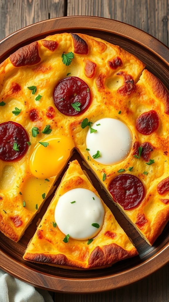 A golden Spanish tortilla sliced into wedges, showcasing potatoes and eggs, served on a wooden plate with aioli.